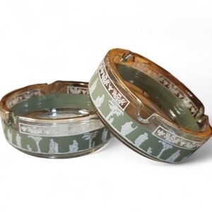 Jeanette Hellenic Green Gold Rim Ashtray Set 2 MCM Glass